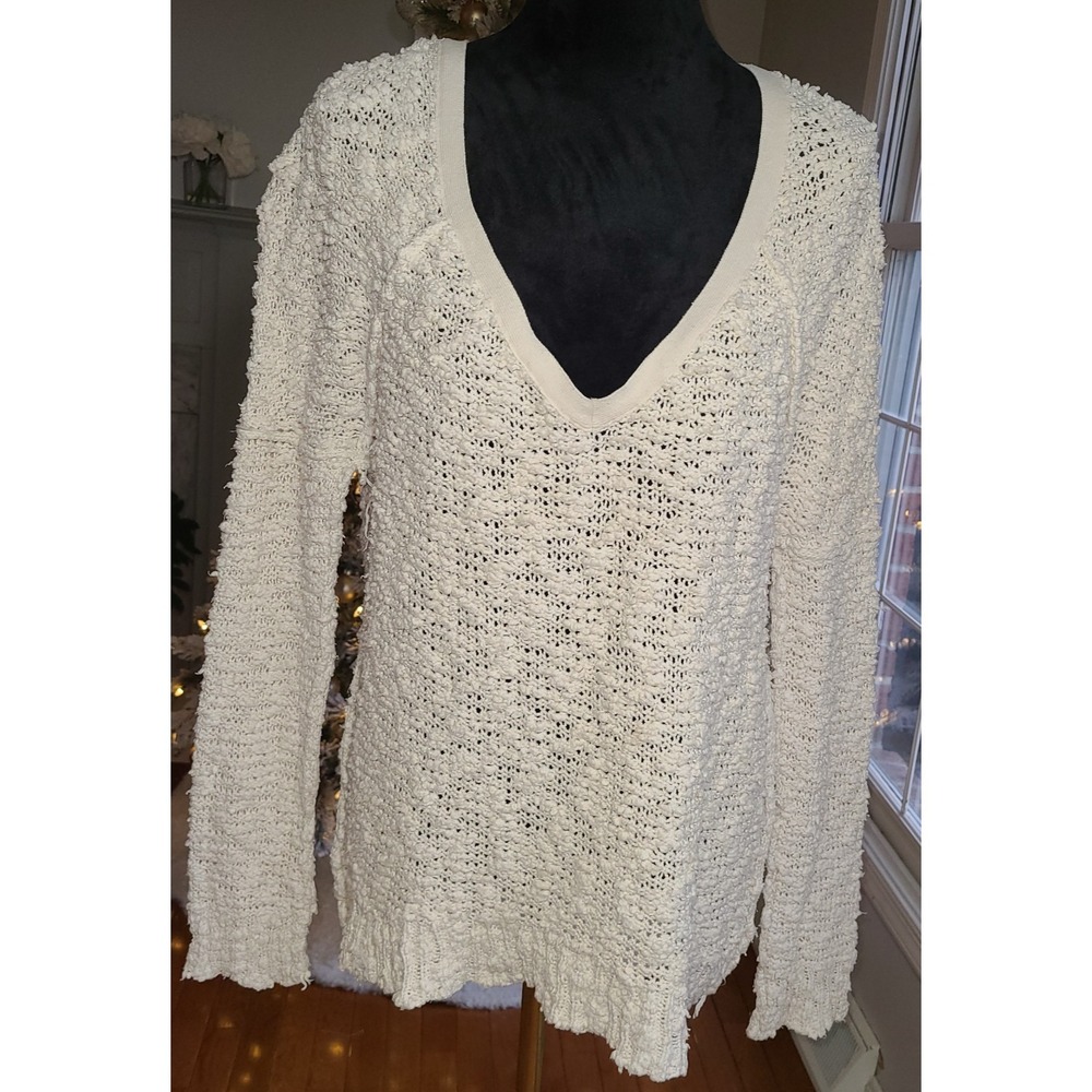 Free People V-neck‎ Songbird Oversized Cream Sweater Pullover Off White/Ivory S